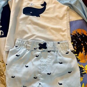 18m Crown & Ivy Kids Whale boys swim trunk set- Blue and White